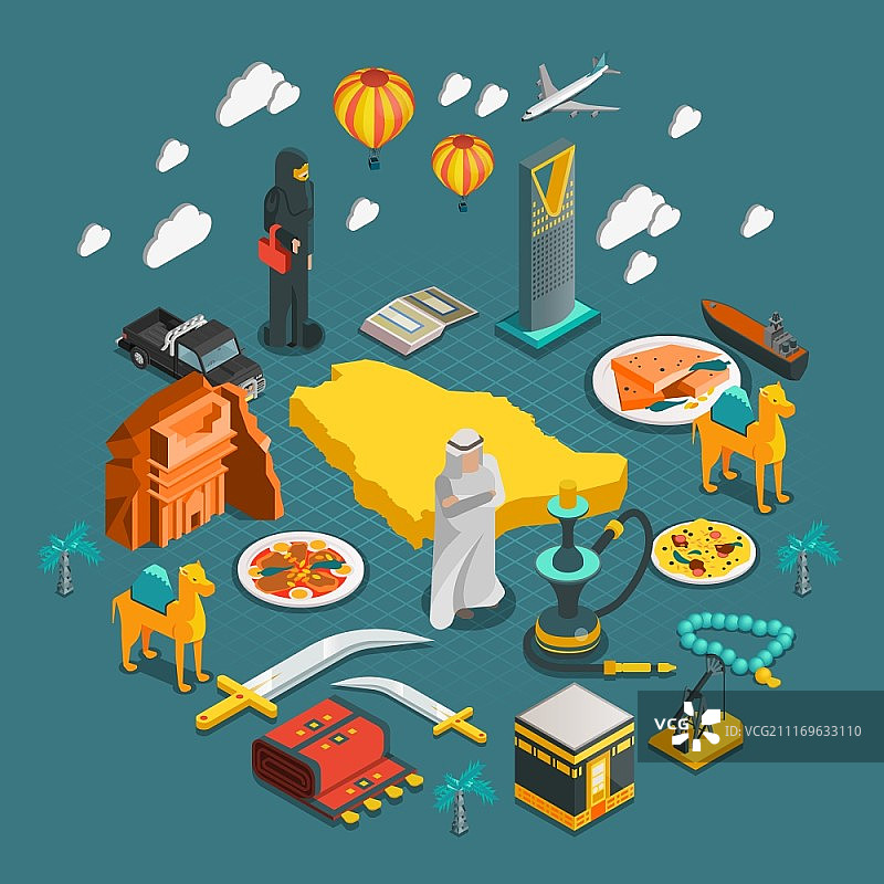 沙特阿拉伯2.5D扁平风格文化建筑娱乐图标图片素材