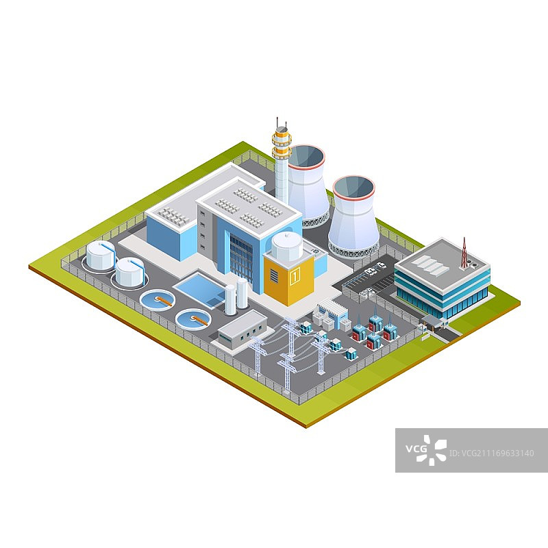 2.5D核电站图：含生产中心、转换块、变压器、管道和办公室矢量图图片素材