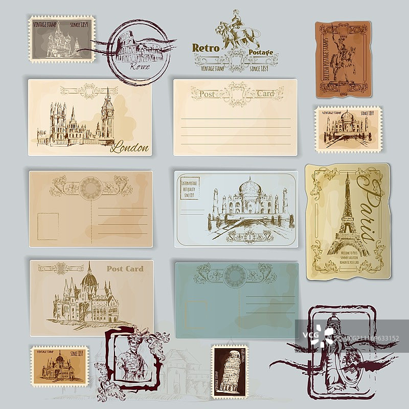 复古旅行明信片邮票模板矢量图图片素材