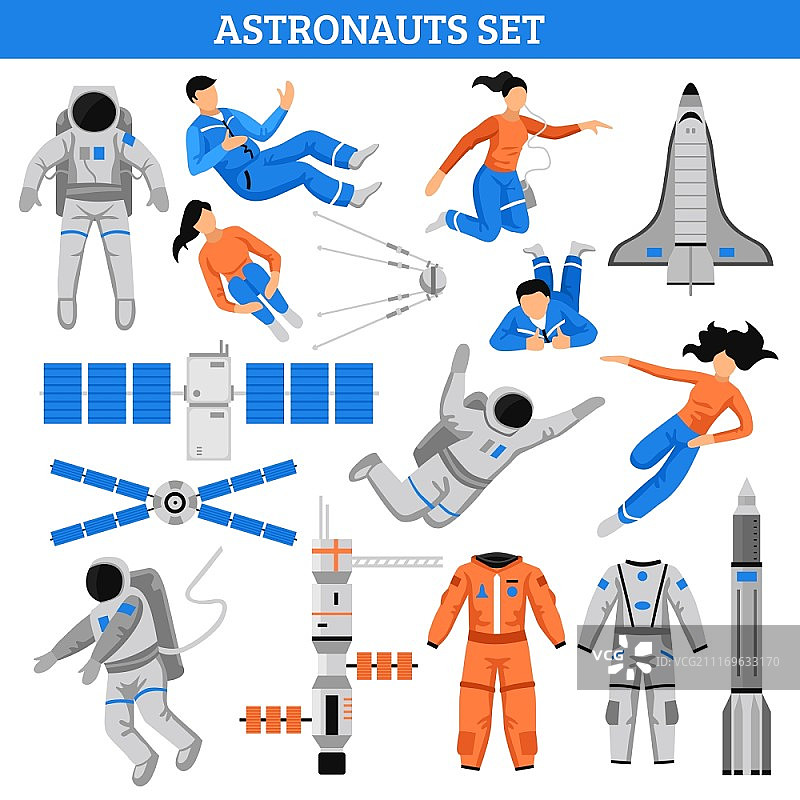 彩色太空套装：宇航员、卫星服装、飞船和火箭矢量图（扁平风格）图片素材