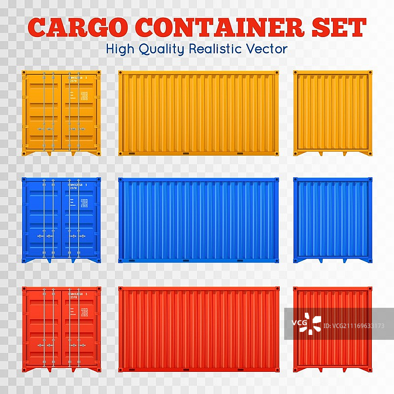 货运集装箱透明素材：从不同侧面观察的彩色货运集装箱，写实矢量图，与透明背景隔离图片素材