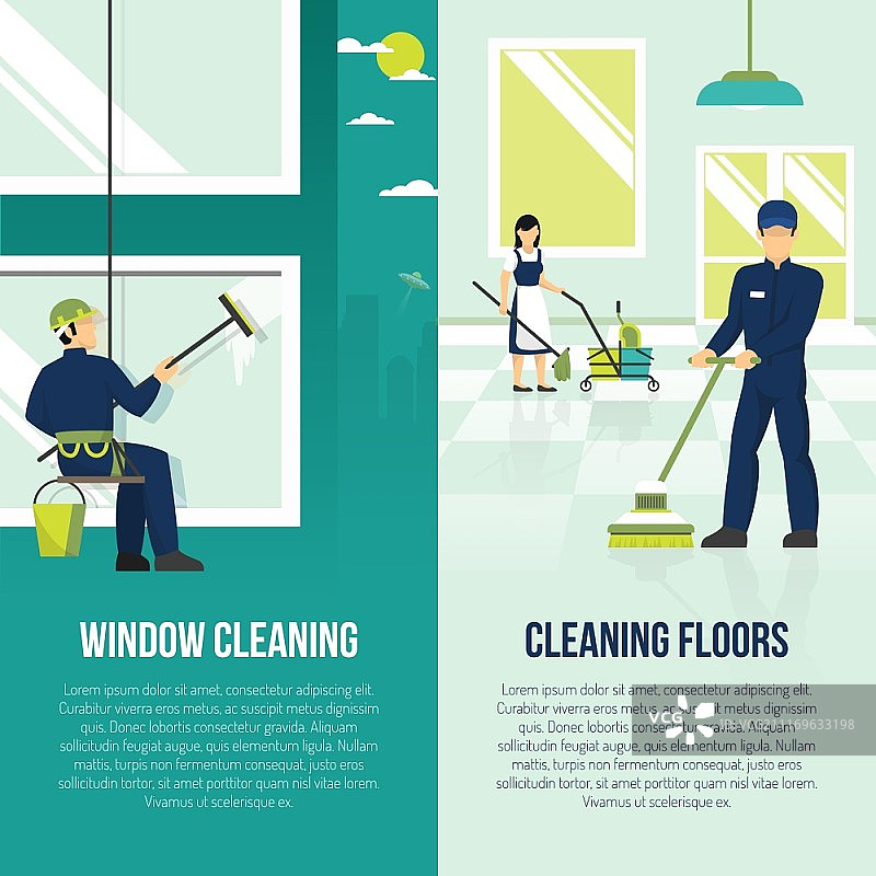 工业清洁服务竖版banner：专业地板和窗户清洁图片素材