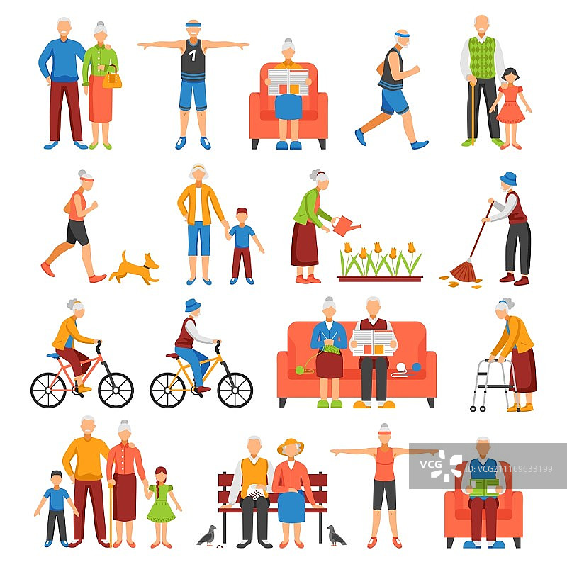 活跃的老年人合集：一组老年人及其家人在休闲运动或家务活动中的矢量插画图片素材