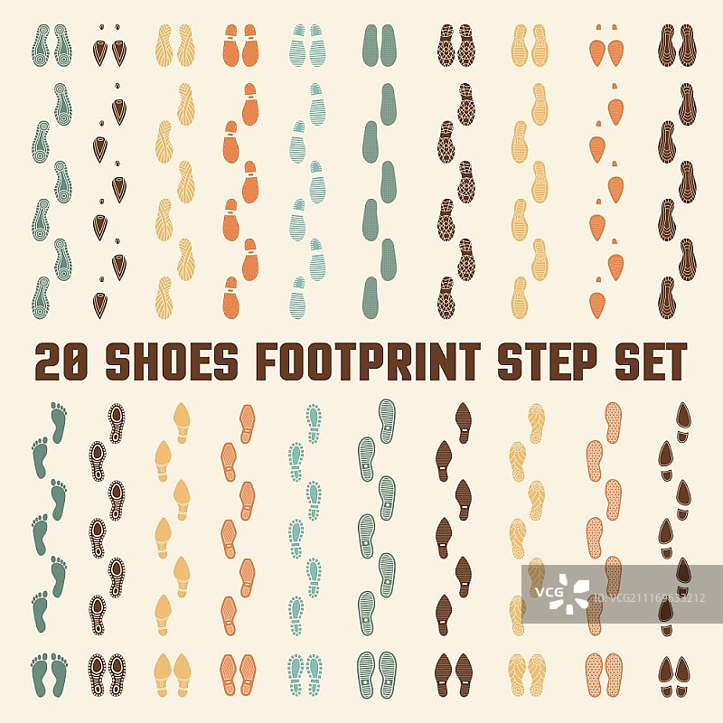 鞋子脚印彩色轨迹合集。各种时尚款式和尺寸的鞋底类型20个扁平彩色轨迹合集banner抽象矢量图图片素材