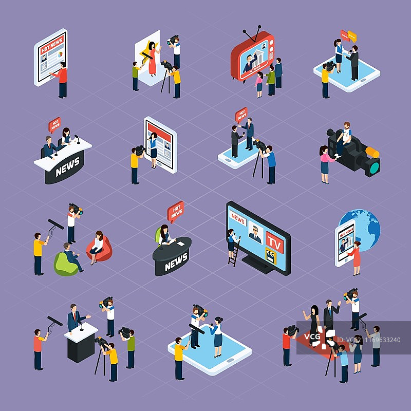 记者等距图标集，包含媒体符号的记者等距图标集隔离矢量图图片素材