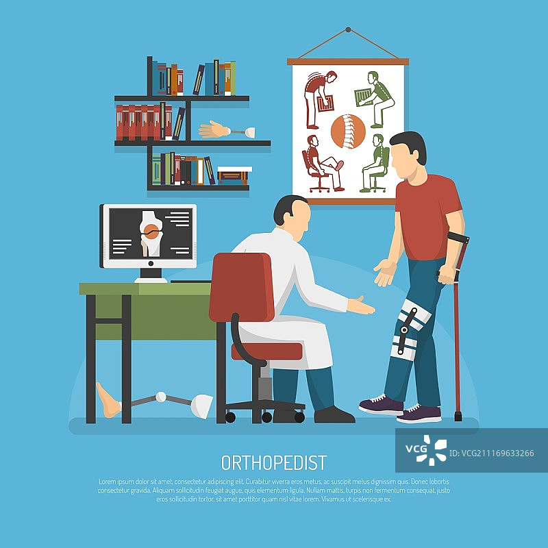 骨科设计概念。骨科设计理念，医生在工作场所检查拄着拐杖的病人平面矢量图图片素材