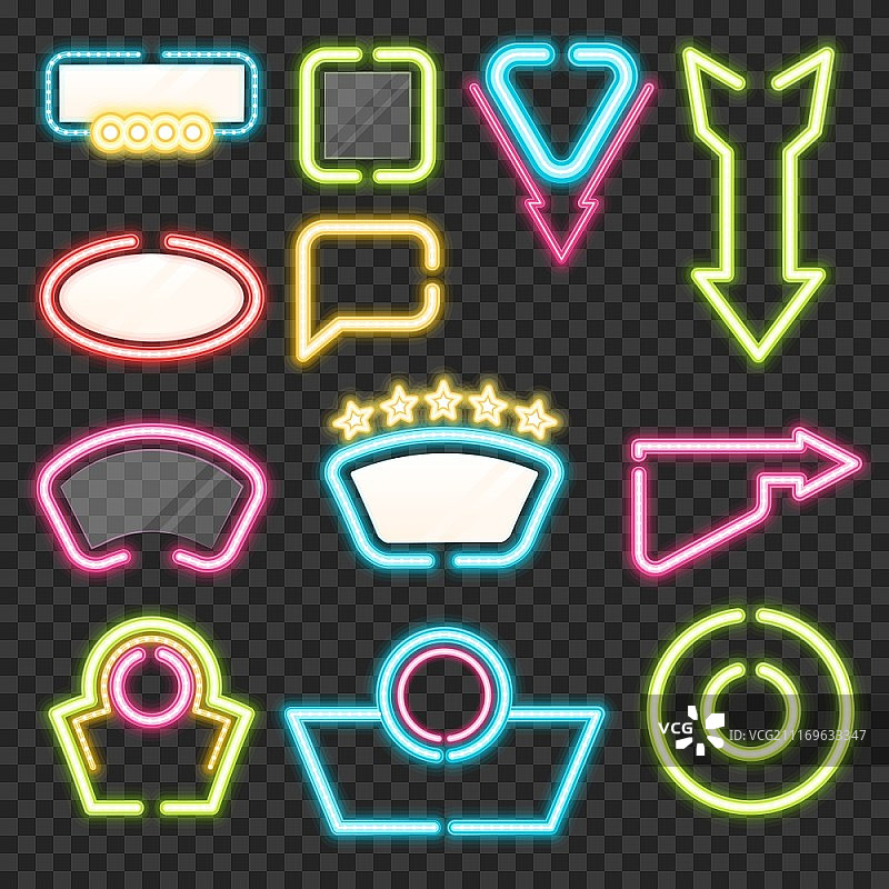 霓虹灯标志套装：发光箭头和广告模板霓虹灯标志，透明背景隔离矢量图图片素材
