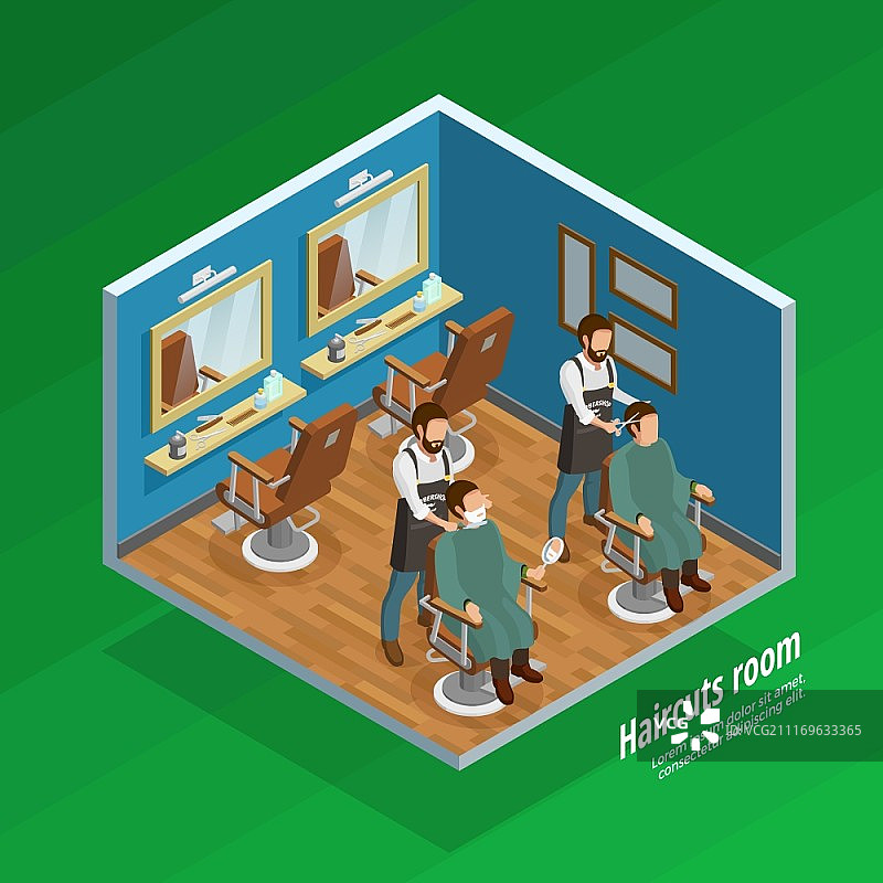 理发店2.5D概念图：理发师和设备矢量图（绿色背景）图片素材