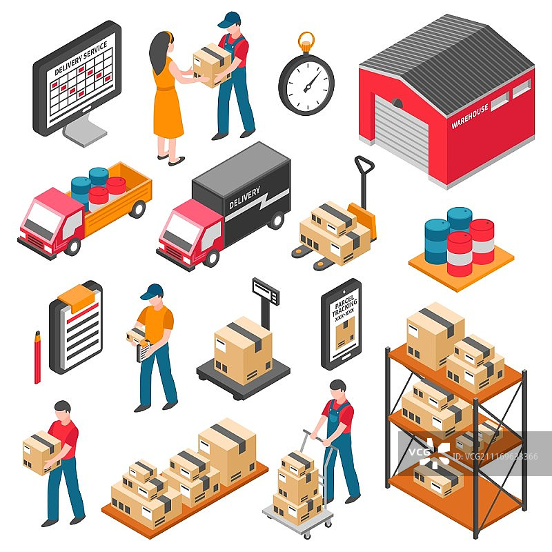 物流配送2.5D图标集：仓库工人、箱子、叉车和货物运输图片素材