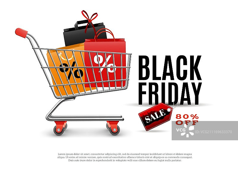黑色星期五促销海报，带有购物车和服装袋的黑色星期五促销海报，隔离矢量图图片素材