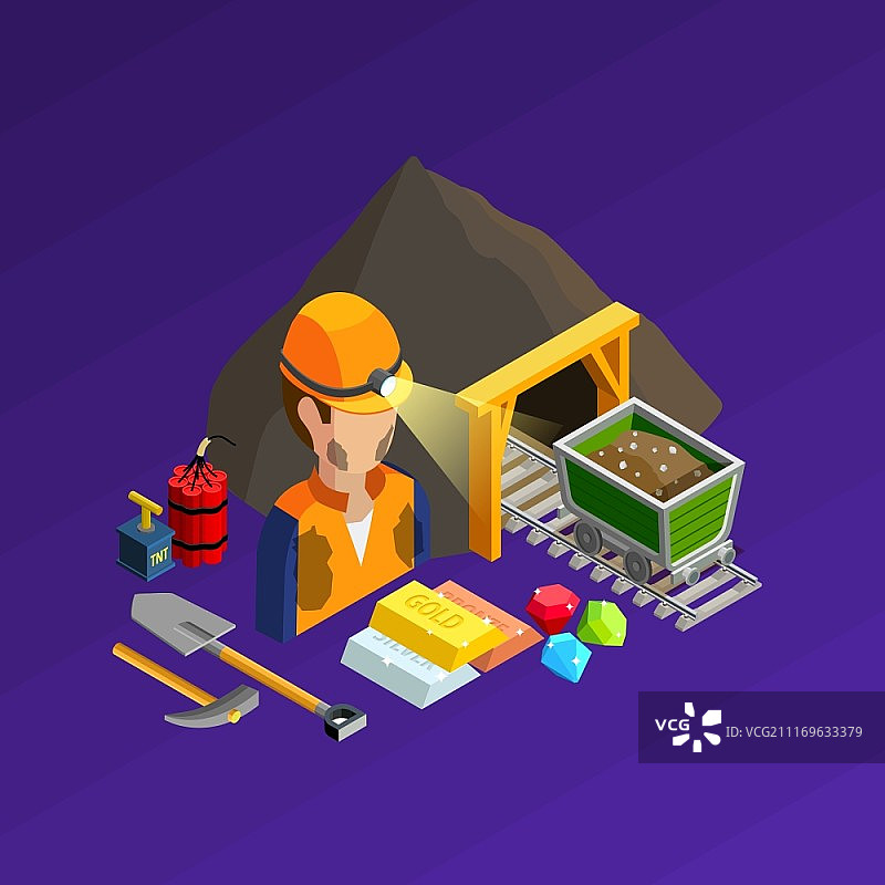 矿业工作2.5D概念设备炸药和产品矢量插图图片素材
