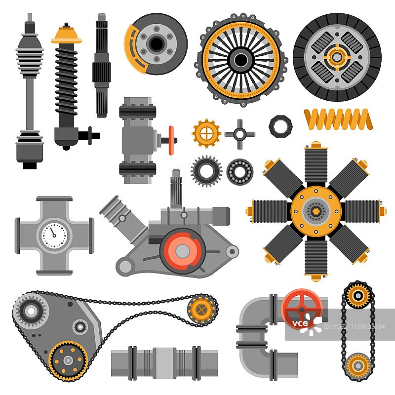 机械零件组件，包含白色背景中不同的工业和技术元素矢量图图片素材