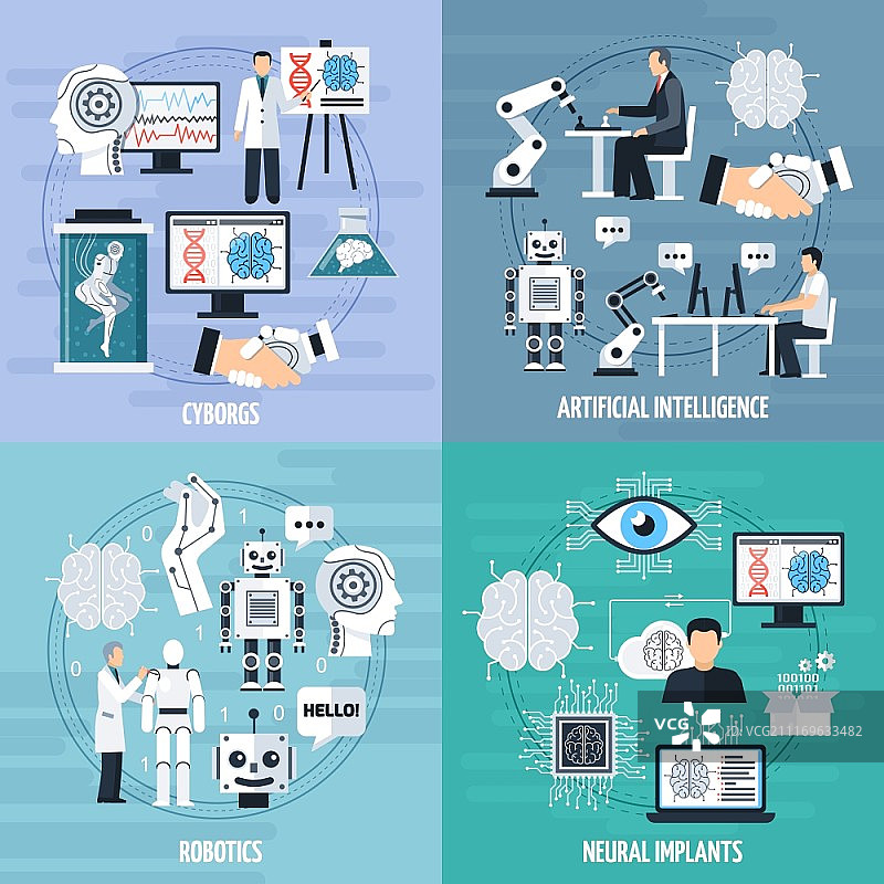 人工智能概念图标集：扁平风格的机器人符号图片素材