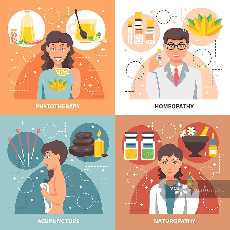 替代医学2x2设计理念。替代医学顺势疗法、植物疗法、自然疗法、针灸平面设计组合矢量图图片素材