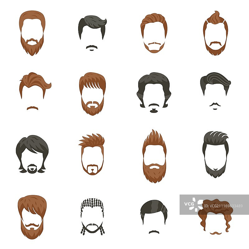 男士发型图标集。男士胡须和发型扁平矢量图图片素材