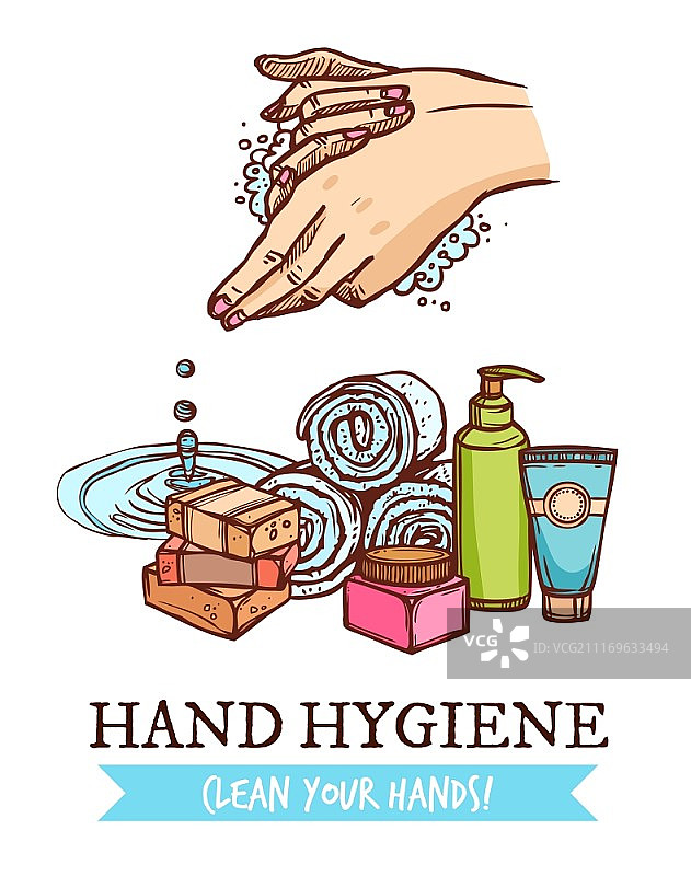 手部清洁图示：带化妆品的手部清洁和卫生彩色海报图片素材