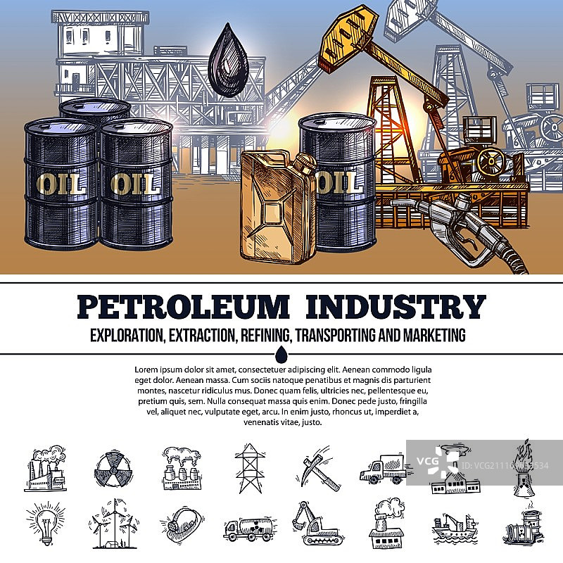 石油工业信息图：石油产品生产、提炼和运输要素手绘布局图片素材