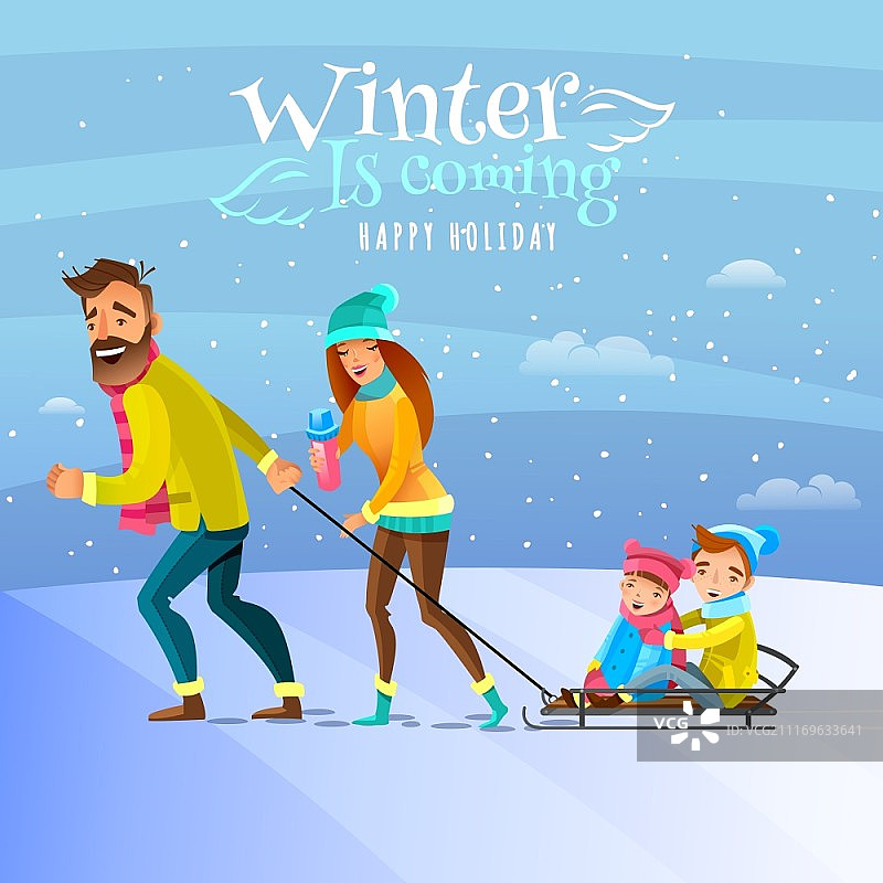 冬季家庭插画：快乐的一家人在户外过冬，和孩子们一起玩雪橇卡通矢量插画图片素材