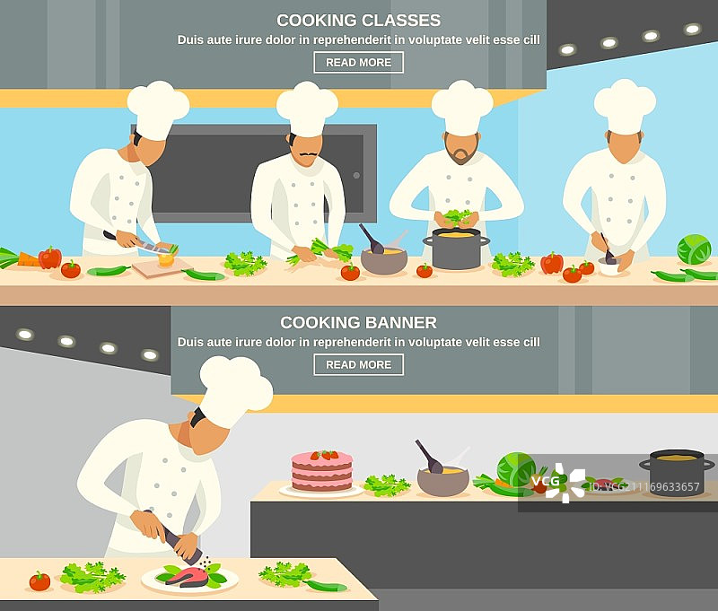 厨师职业横幅套装，厨师职业水平横幅套装包含烹饪课程符号扁平隔离矢量图图片素材