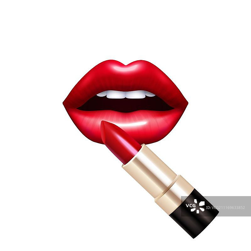 逼真的嘴唇和口红套装：具有光泽红色，独立的矢量插图图片素材