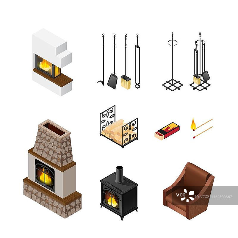 壁炉等距元素设置。壁炉孤立的配件设置与扑克设置件燃料木材火柴和栅格矢量插图等等距图像图片素材