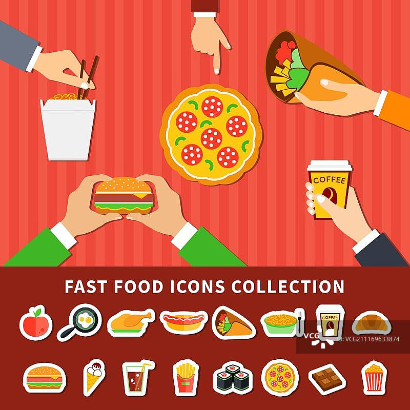 快餐图标扁平风banner。手持汉堡咖啡杯的快餐菜单图标集2款横幅海报矢量素材图片素材
