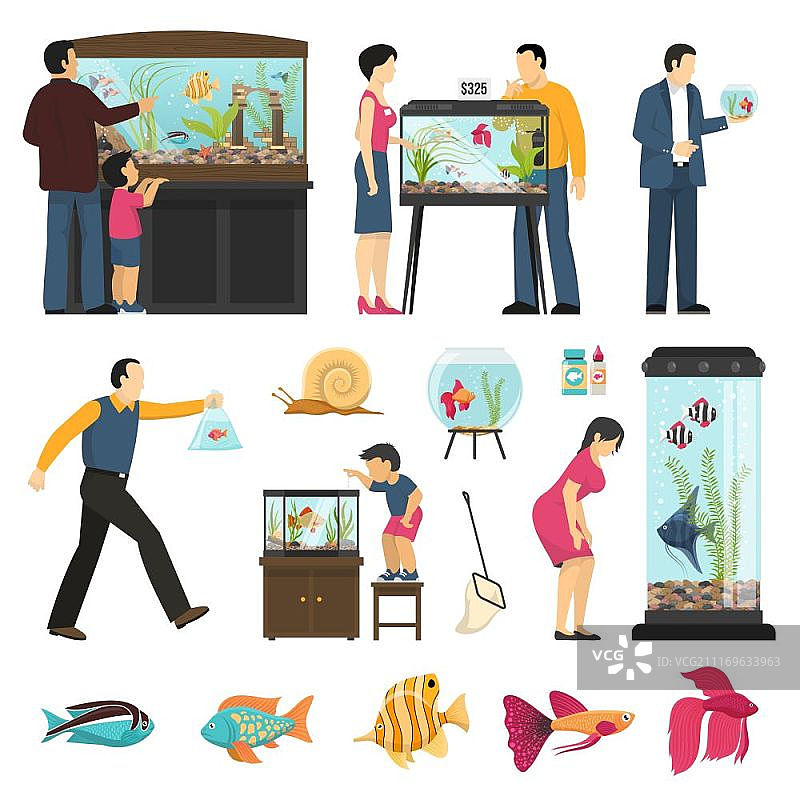 人物和水族馆素材：包含不同形状鱼缸和各种鱼类的人物矢量插图图片素材