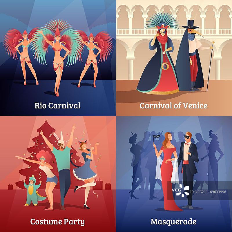 嘉年华派对概念图标集包含服装派对符号的嘉年华派对概念图标集扁平隔离矢量插图图片素材