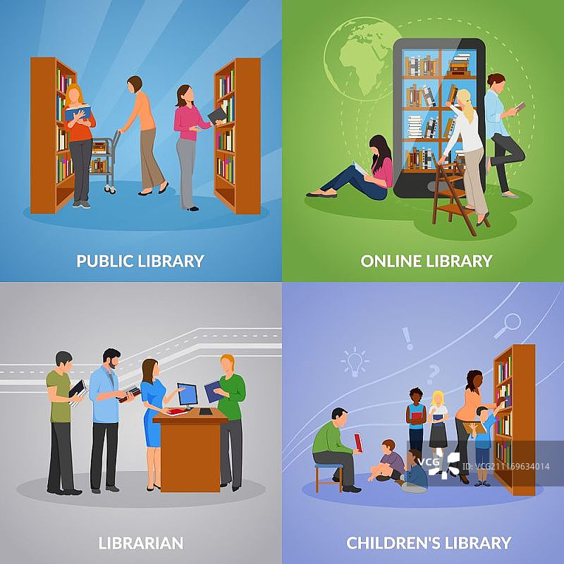 图书馆图标集：公共和在线图书馆概念矢量图标图片素材