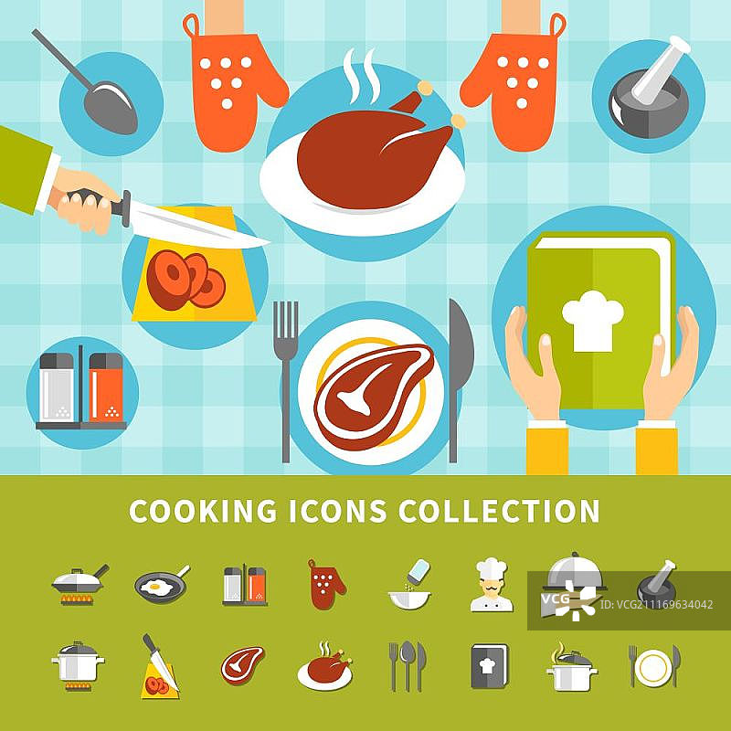 烹饪元素集：包含厨房用具、菜肴、食材、厨师和食谱的扁平风格矢量插图图片素材