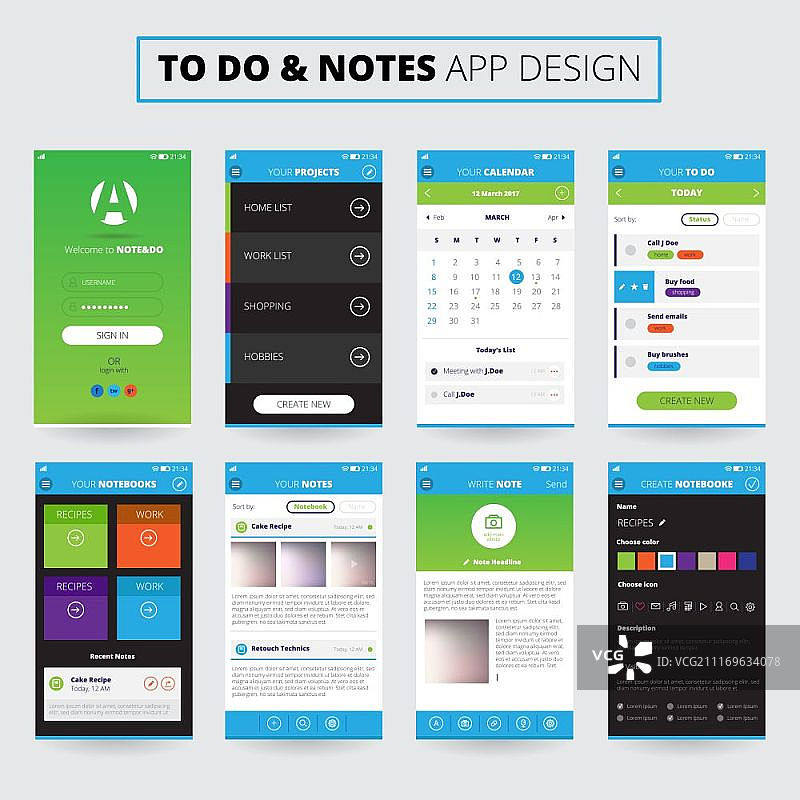 笔记移动应用设计，手机屏幕图标设置矢量插画图片素材
