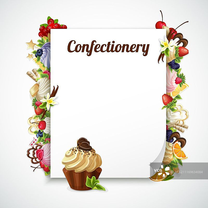 糖果装饰框。纸张周围环绕甜点和纸杯蛋糕的装饰框，带有弯曲的角落和糖果矢量图图片素材