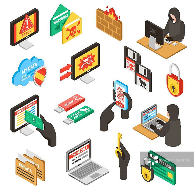 互联网黑客3D等距图集：互联网黑客攻击和个人数据安全3D等距图标集，隔离在白色背景矢量图上图片素材