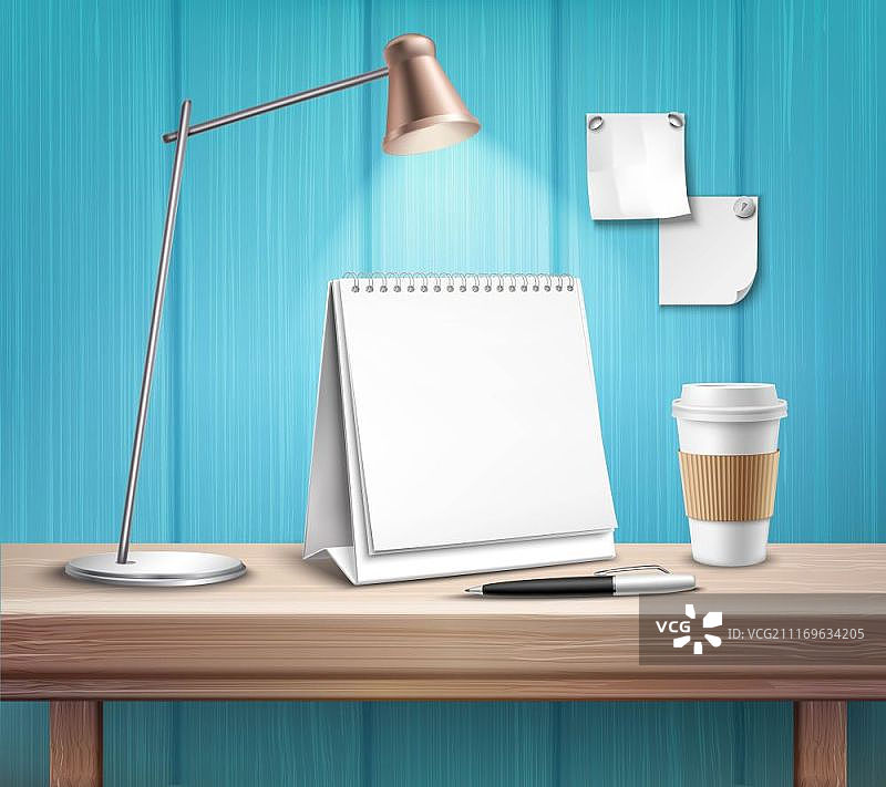 木桌上的空白台历3D矢量插图图片素材