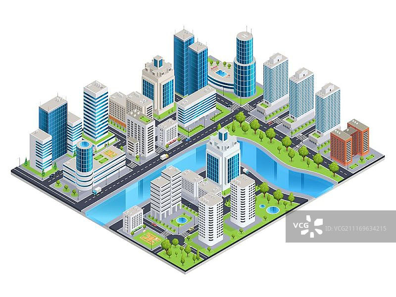 现代城市2.5D景观：高楼街道与公园图片素材