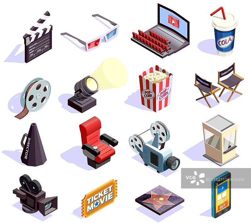 2.5D电影院等距图标集：影院大厅和电影制作3D矢量图图片素材