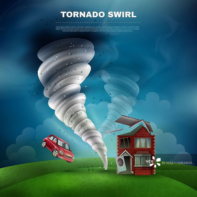 自然灾害龙卷风：房屋被毁、汽车被卷走的龙卷风图片素材