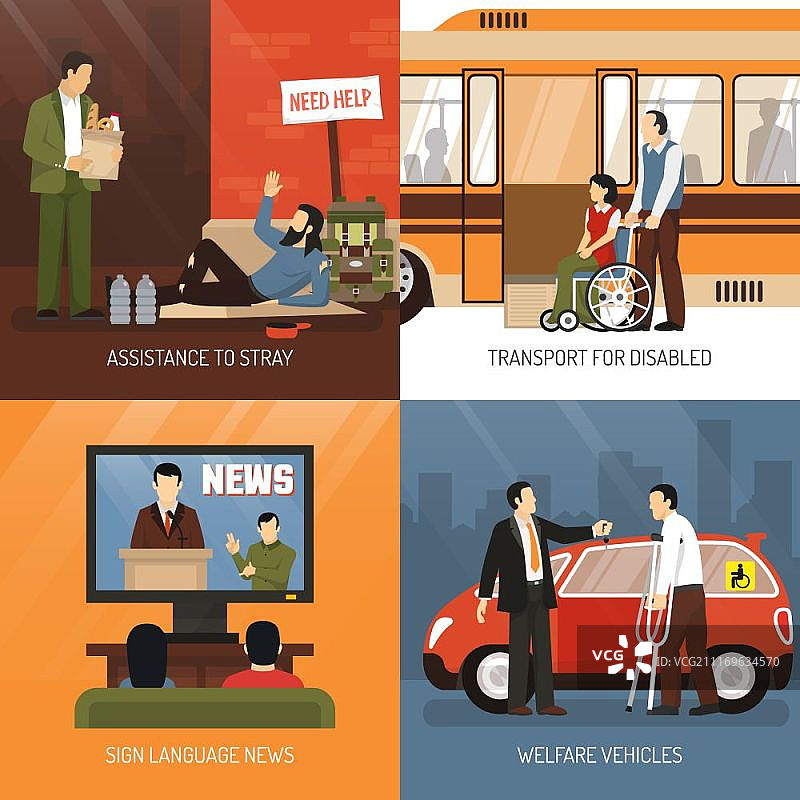 残疾人概念图标集。残疾人交通工具符号的平面隔离矢量图图片素材