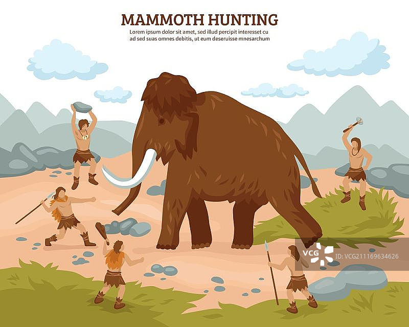 猛犸象狩猎背景，带人物、猛犸象和武器的扁平矢量插图图片素材