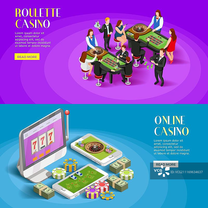赌场2.5D等距banner素材。包含轮盘赌博桌，人物角色和在线游戏App图片素材