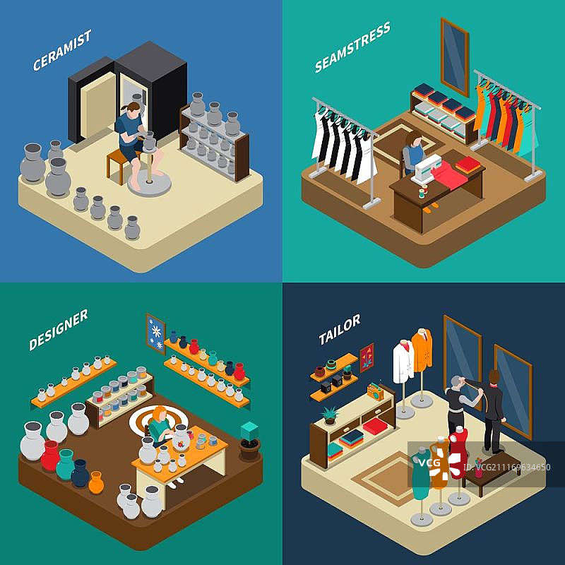 2.5D工匠等距构图：陶艺师、陶瓷设计师、裁缝师和服装设计师矢量插画图片素材