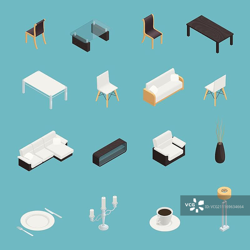 餐厅室内2.5D图标集：蓝色背景矢量素材图片素材