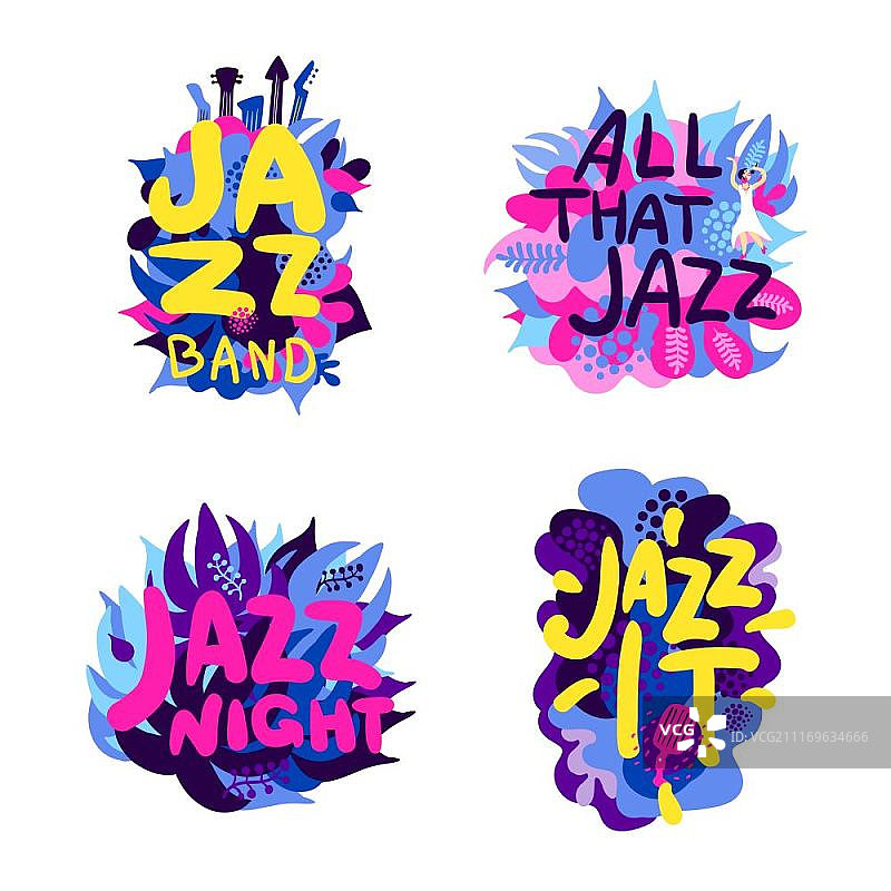 爵士乐主题组合套装，包含爵士音乐节鲜艳字母的彩色主题组合，矢量图图片素材