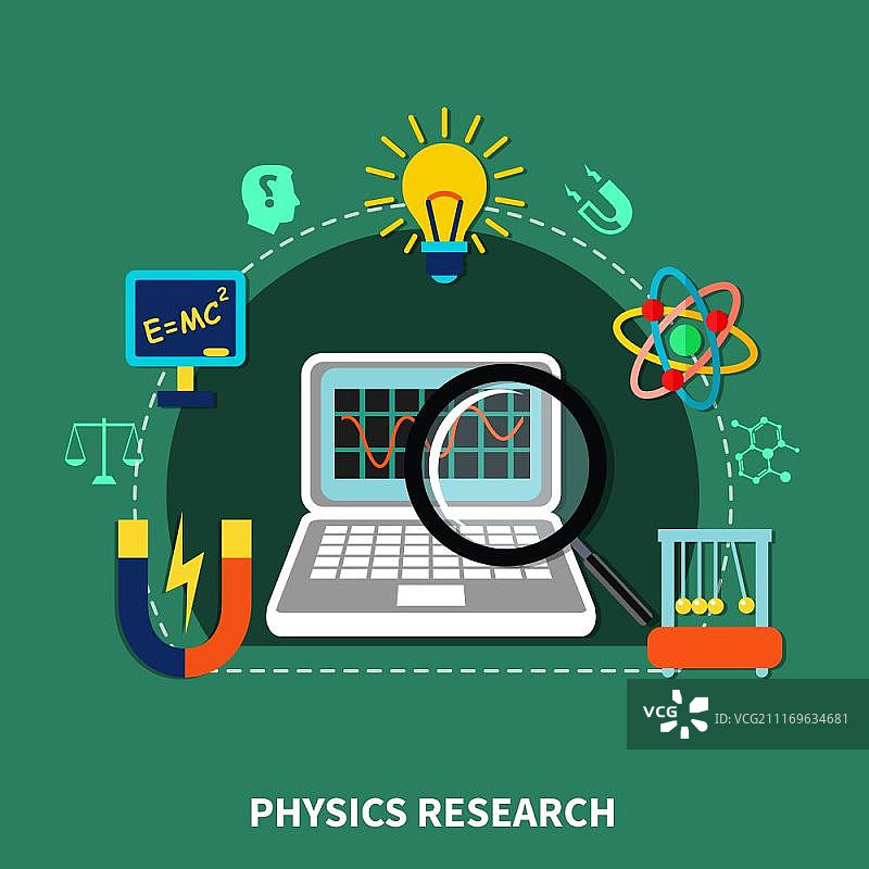 物理研究要素。物理研究设计元素、符号和图标，科学和教育设备扁平矢量插图图片素材