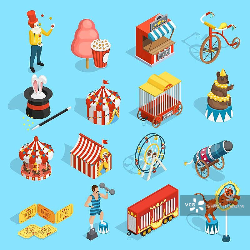 旅游马戏团2.5D图标集。包含帐篷、大力士、魔术师和老虎的经典复古马戏团2.5D图标集矢量插画图片素材