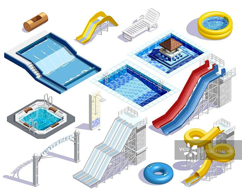 水上乐园设施2.5D素材：人物、游泳池和滑水道矢量图图片素材