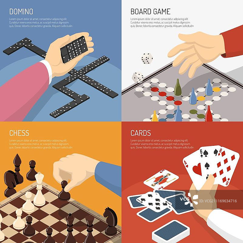 棋盘游戏设计概念：多米诺骨牌、国际象棋卡片矢量图图片素材