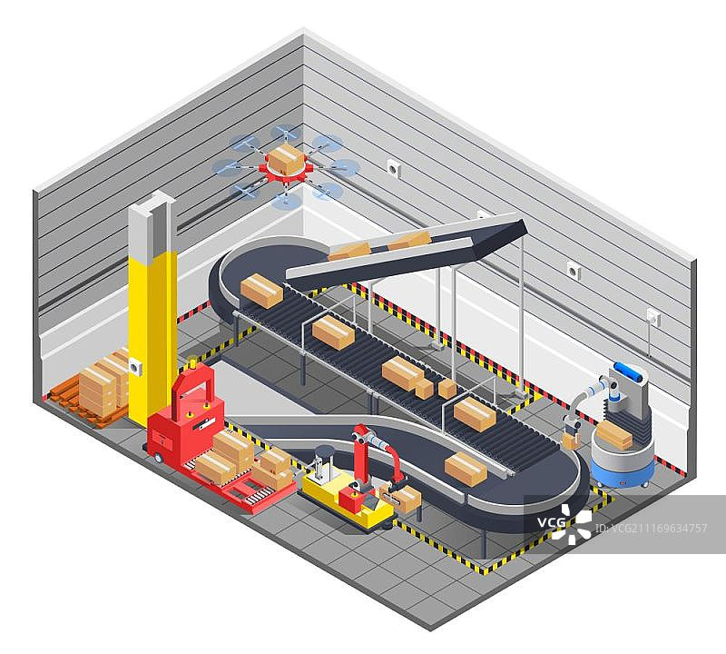 自动化仓库2.5D内部结构。具有传送带升降机图像和电动机械手移动箱子的自动化机器人仓库剖面2.5D内部结构矢量图图片素材