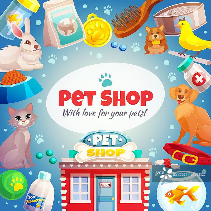 宠物店框架背景。宠物店框架包含Logo、动物、食品和商品护理、商店建筑，蓝色背景矢量插图图片素材