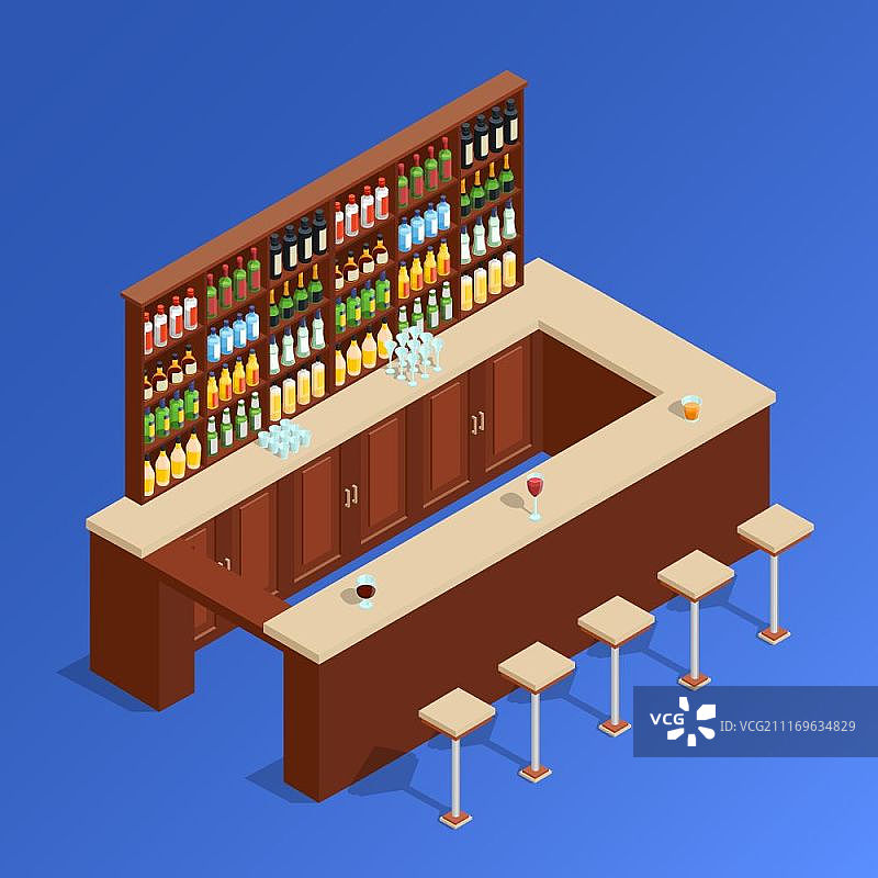 酒吧等距组合：包含空酒吧柜台和酒精架图片素材